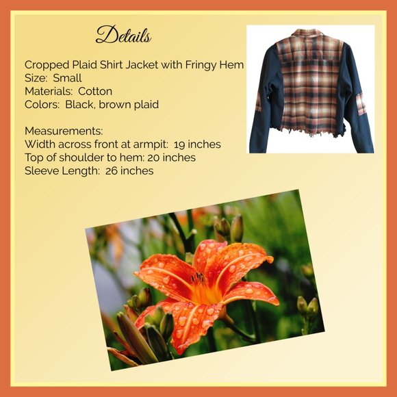 Cropped Plaid Shirt, Size Small: Black Brown Sweatshirt Jacket, Upcycled Grunge - Picture 3 of 10